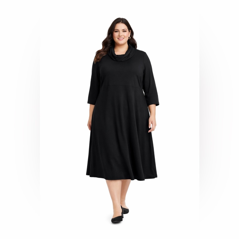 Lands End Black Dress Cowl Neck Sleeve Midi Size 2X